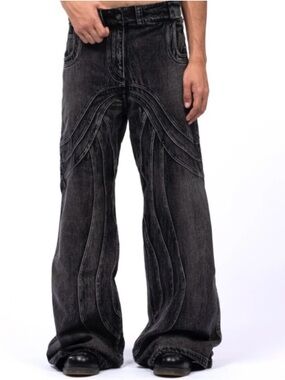 No/Faith Studios Black Washed Curved Panel Baggy Wide-Leg Jeans Size L